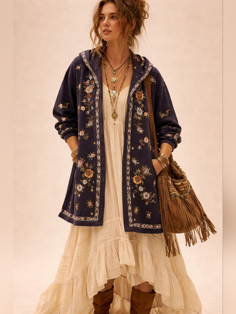 NWT DRIFTWOOD Navy Shelly Floral Embroidered Hooded Cardigan, XL, Eclectic - Picture 2 of 11